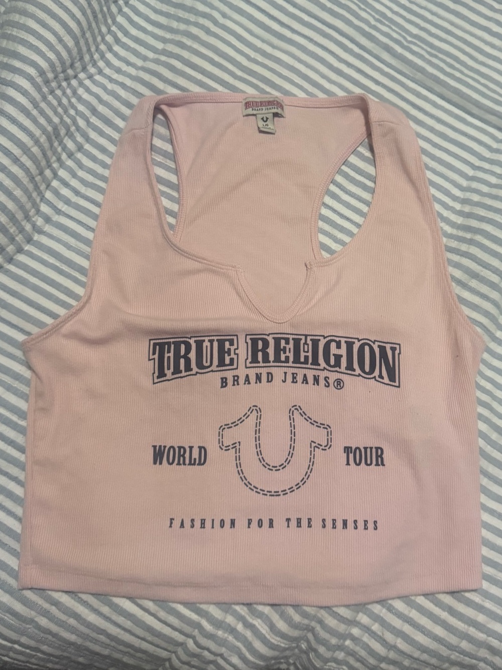 True Religion Light Pink Logo Racerback Crop Top